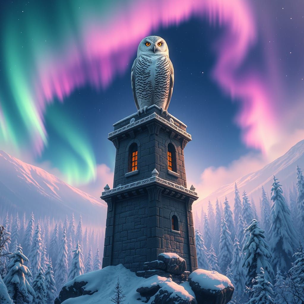Ethereal Winter Scene with Snowy Owl and Tower
