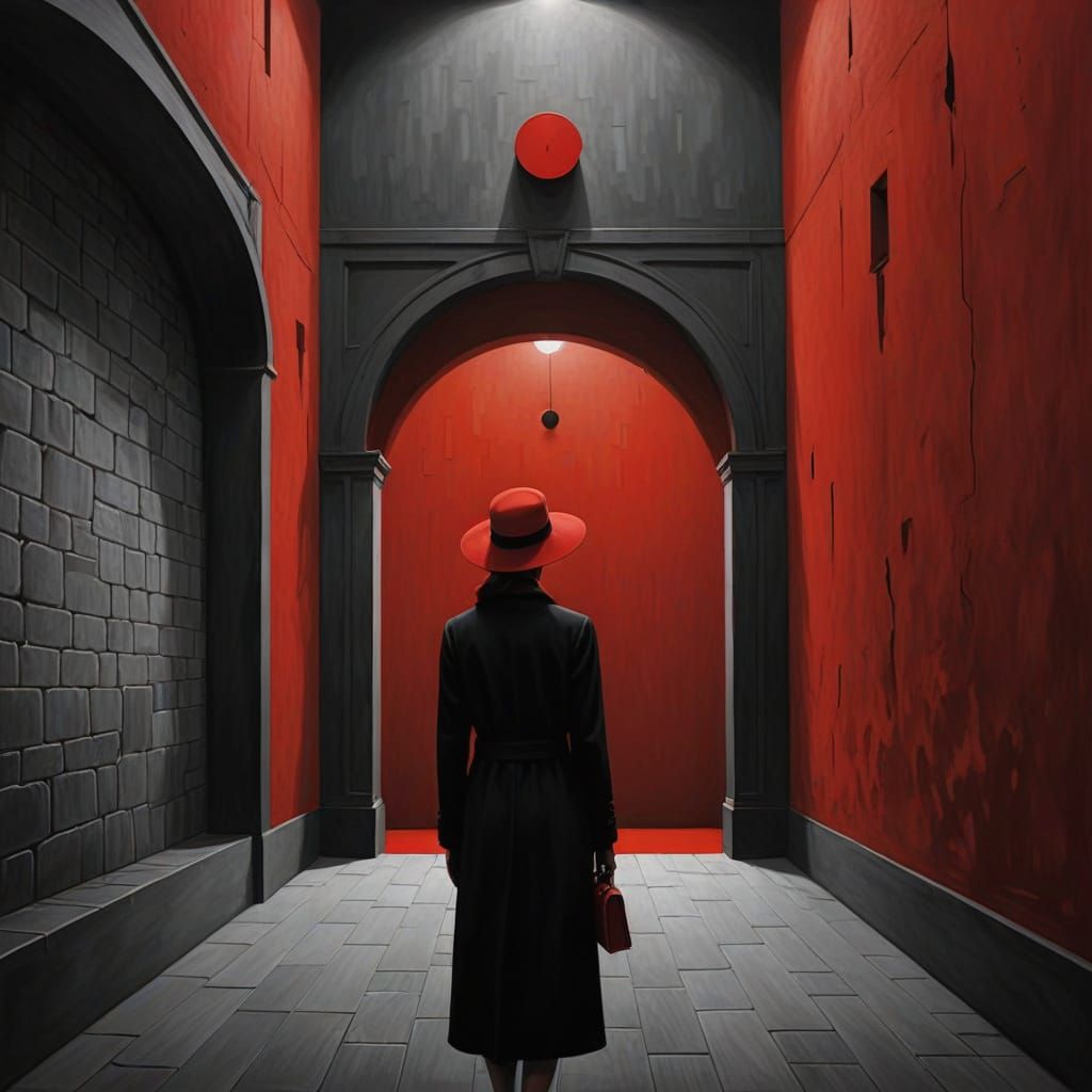 Surreal Woman in Red Hat by Arched Doorways