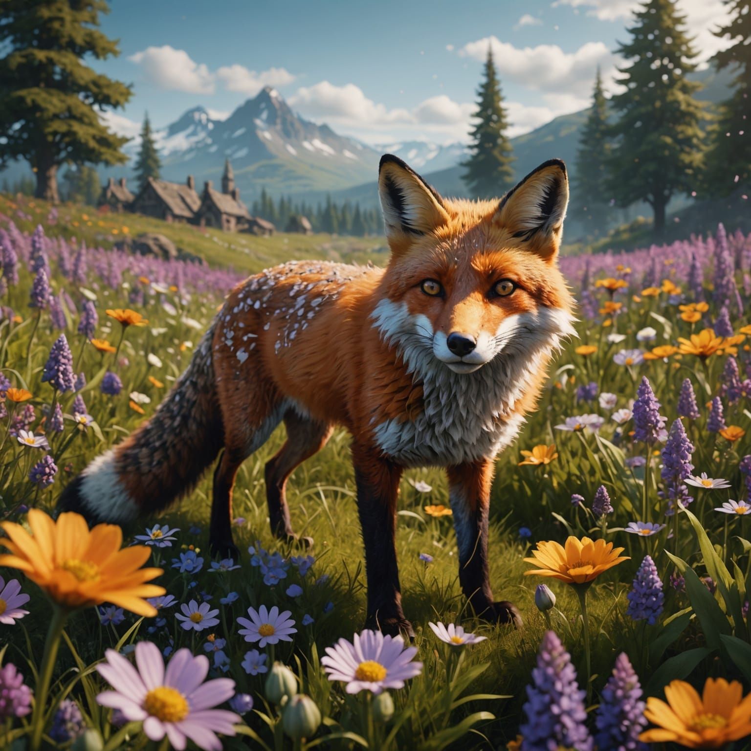 Fox in a Flower Field: Detailed Matte Painting
