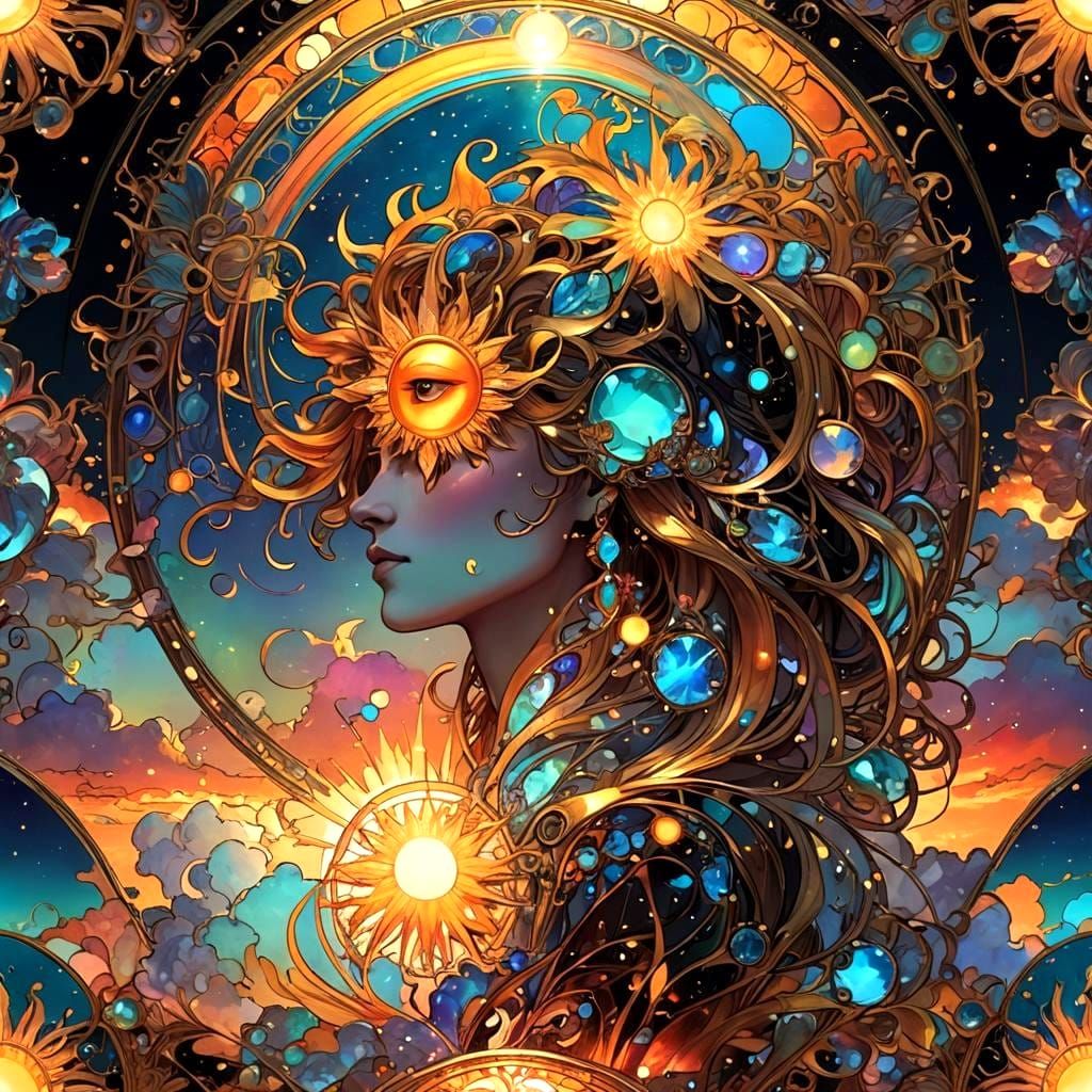 Iridescent Sky Spell in Alphonse Mucha Style