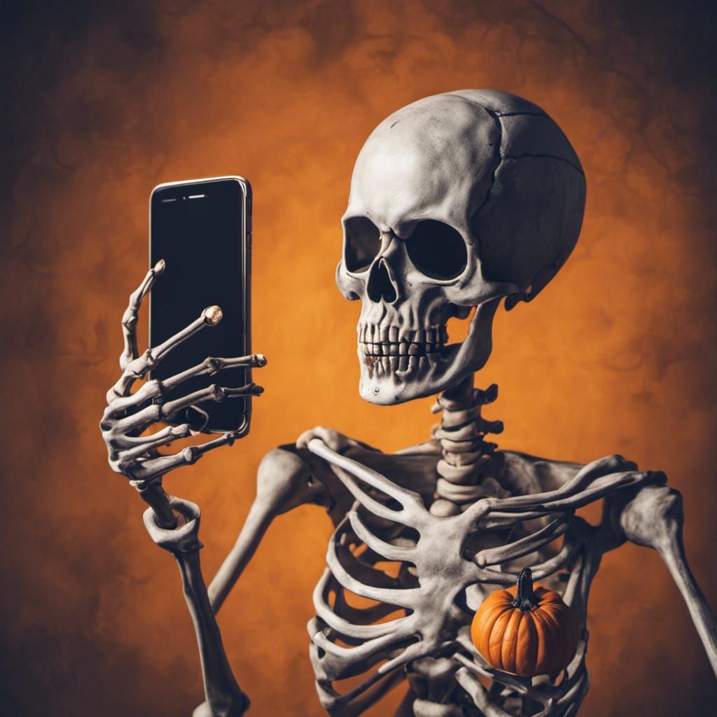 Skeleton's Halloween Selfie with Jack O'Lantern