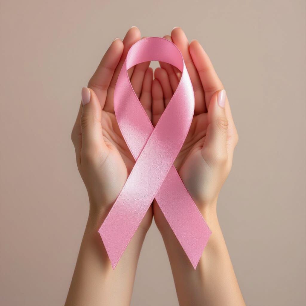 Breast Cancer Ribbon Symbol of Hope with Human Hands
