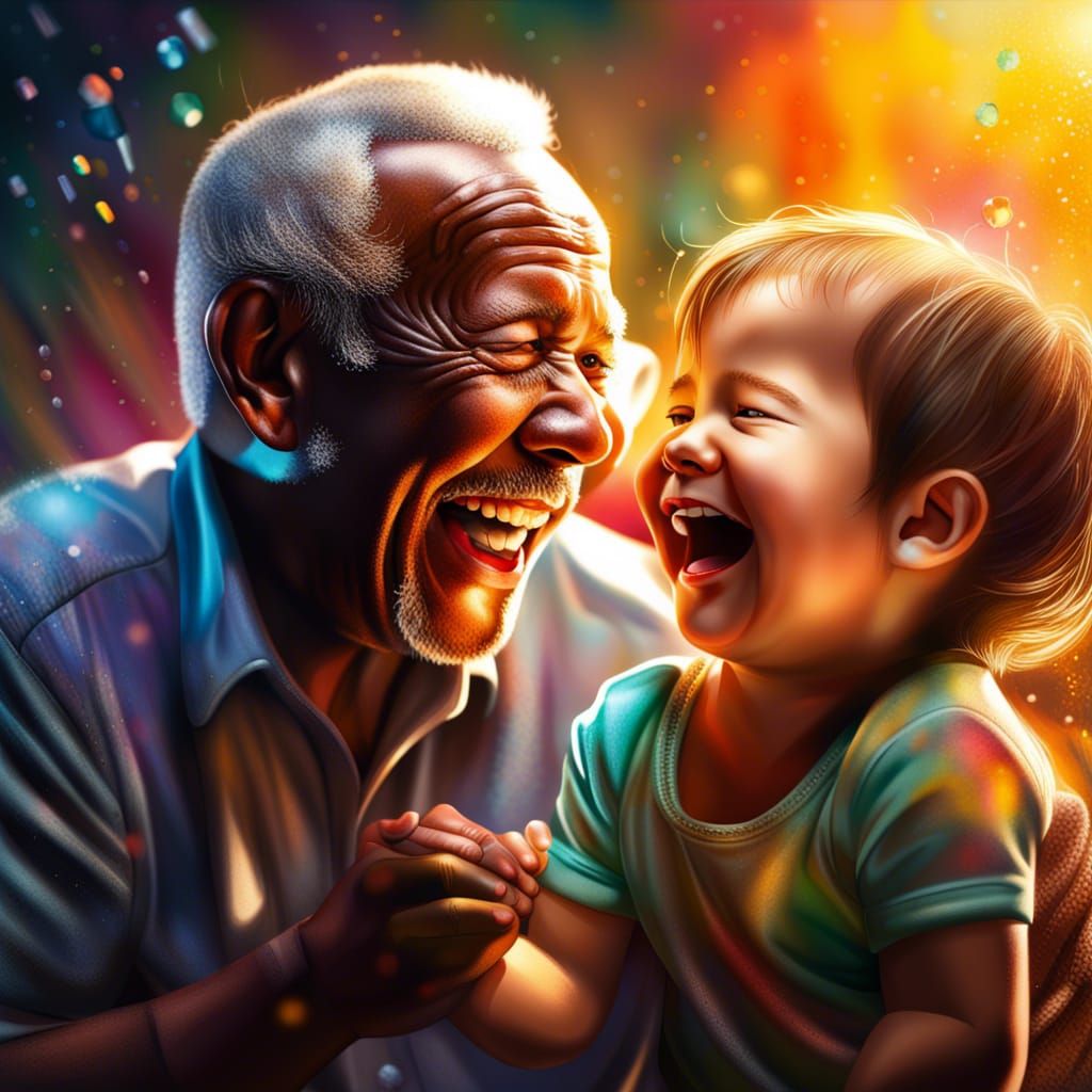 Toddlers Laughing and Embracing Grandfather: Hyperrealistic ...
