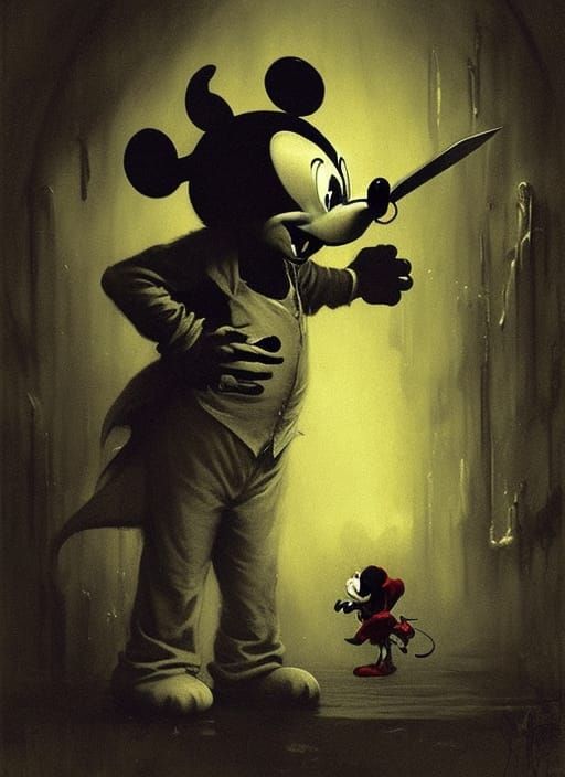 Evil Mickey Mouse with Bloody Knife: Horror Art