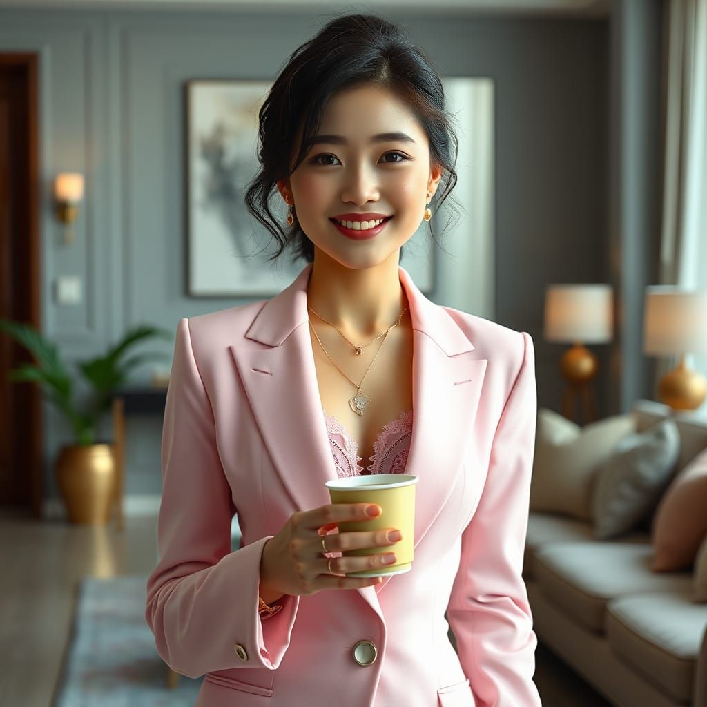 Korean Idol in Pink Suit with Coffee