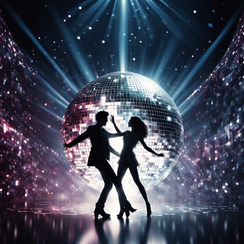 Silhouetted Couple Dancing on Disco Ball