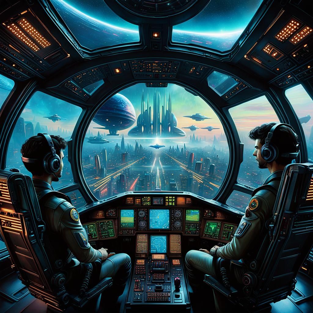 Starship Cockpit with Human and Alien Pilot