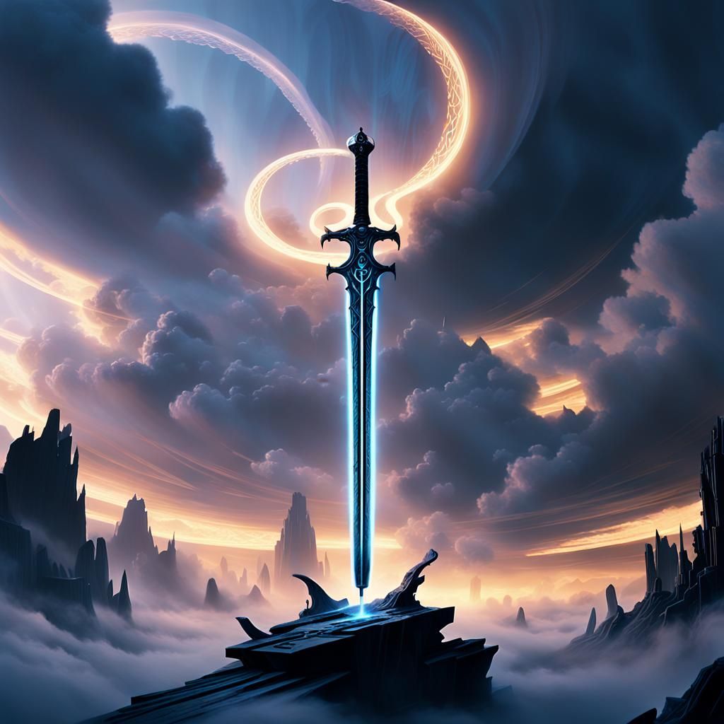 Glowing Arcane Sword in Misty Golden Light