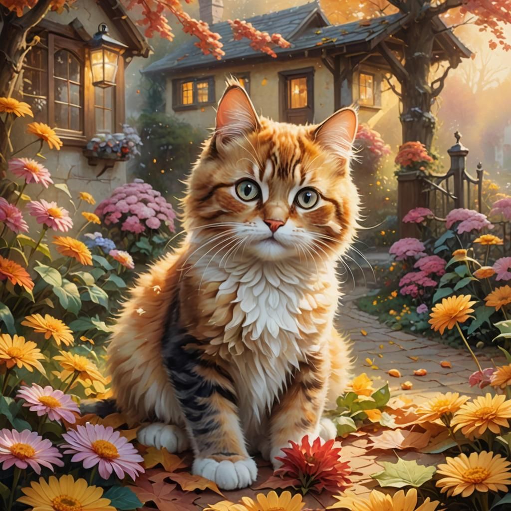 Cute Cat in Ethereal Autumnal Garden