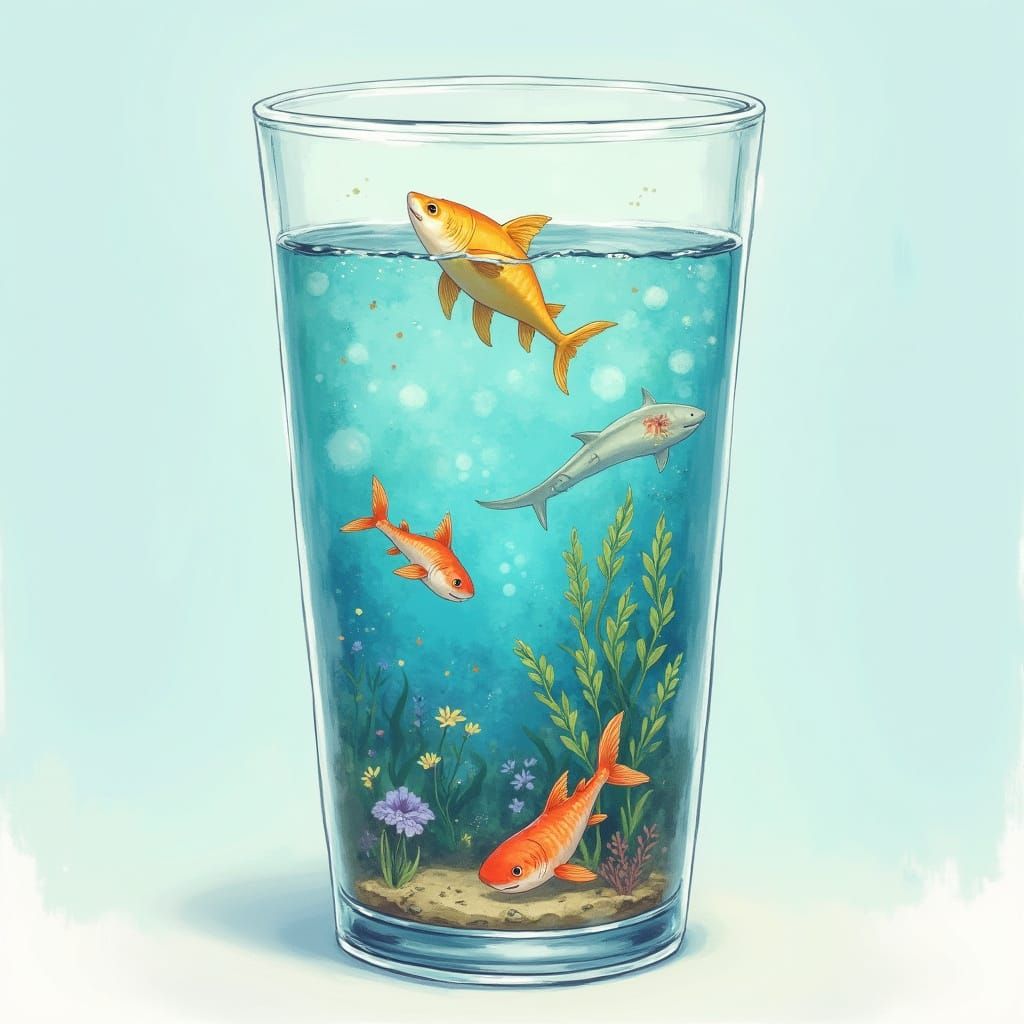 Whimsical Sea in a Glass Cup: Cartoon Style Double Exposure