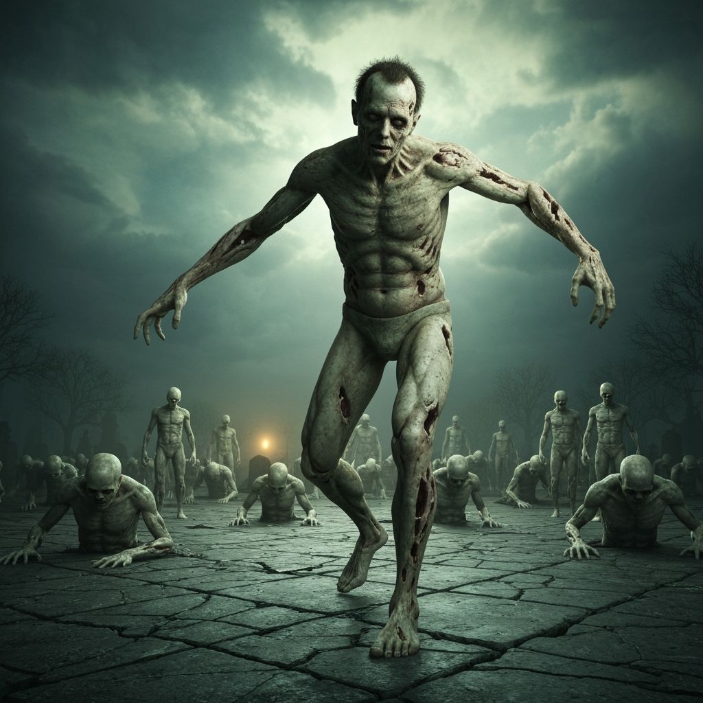 Decayed Figure in Gothic Graveyard: Hyperrealistic Horror