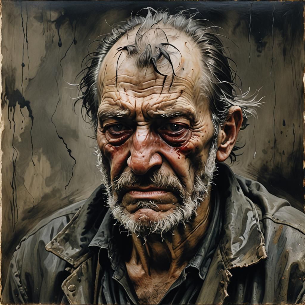 Sad Crying Hobo in Ominous Horror Style