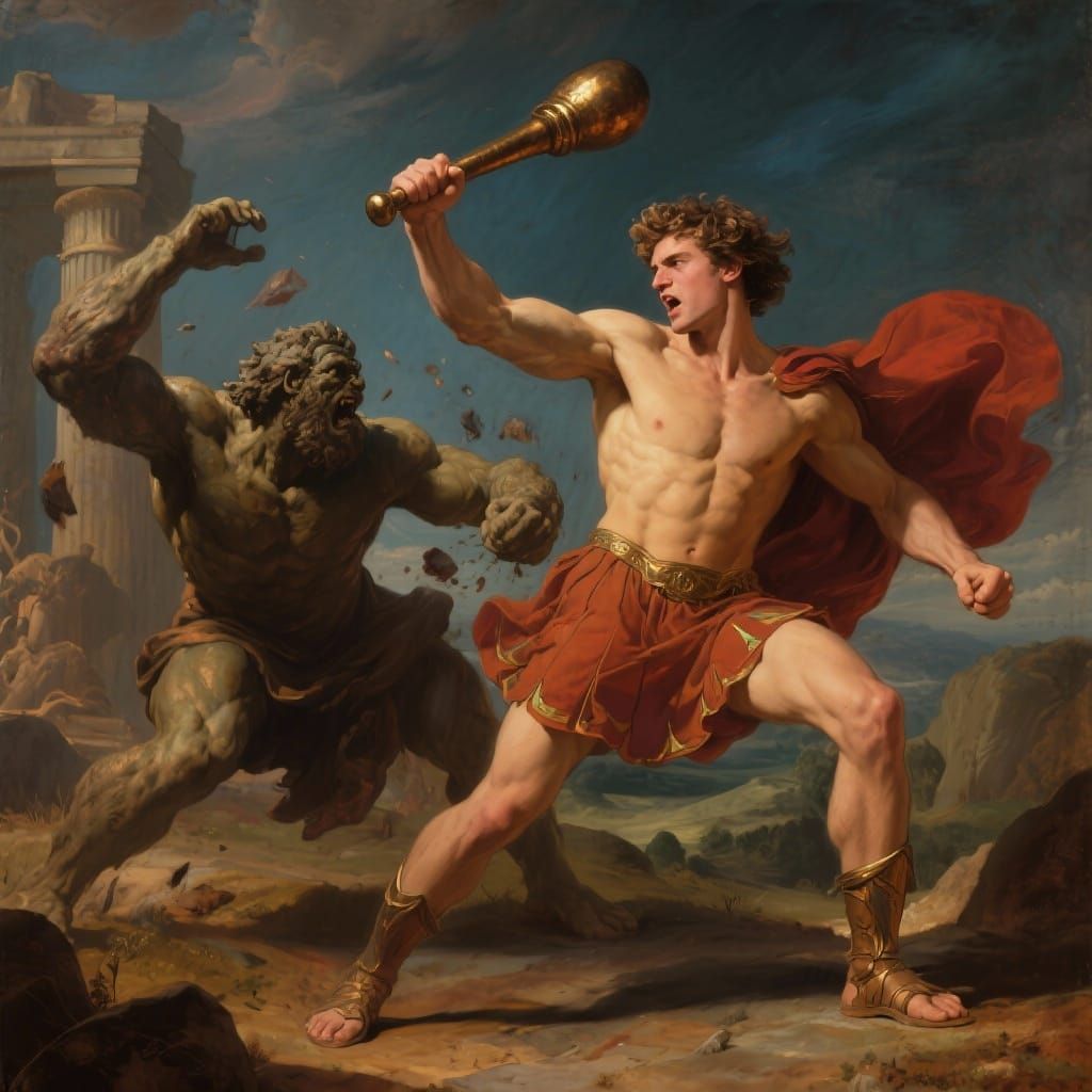Theseus Defeats Half-Giant Periphetes in Heroic Battle
