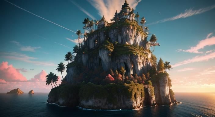 Floating Paradise Island at Sunset: Maximalist Digital Art