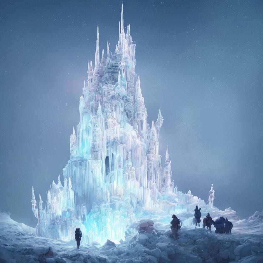 Intricate Ice Castle on Epic Mountain, Digital Art
