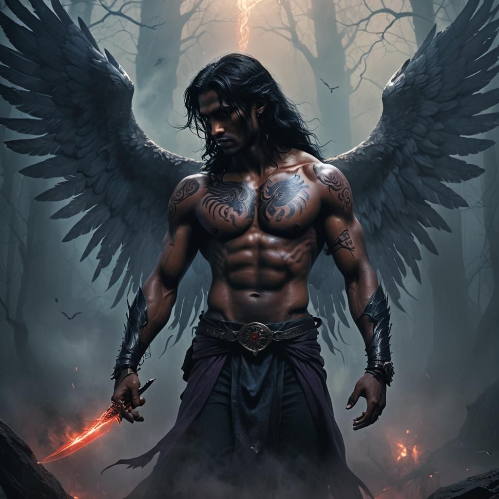 Dark Fantasy Angel with Red Wings in Foggy Atmosphere