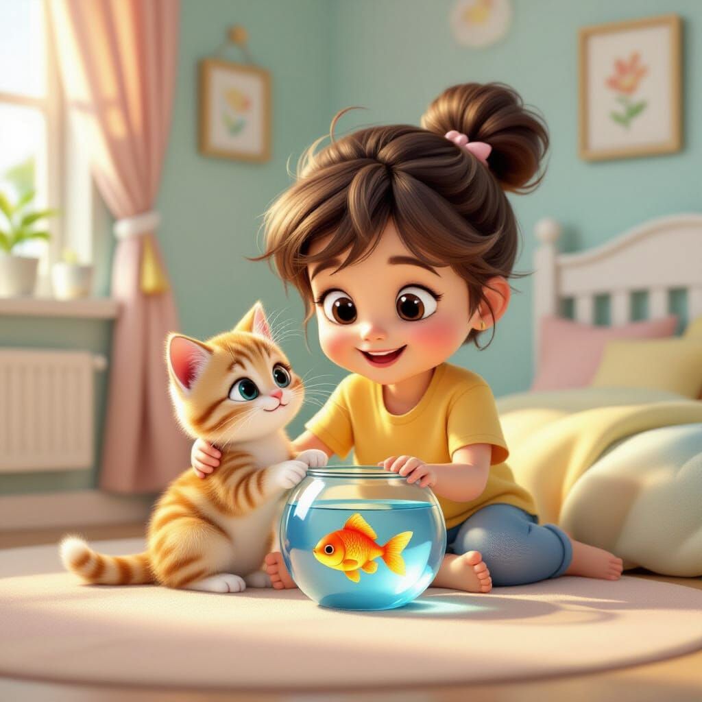 Playful Kitten and Child in Cartoon Style