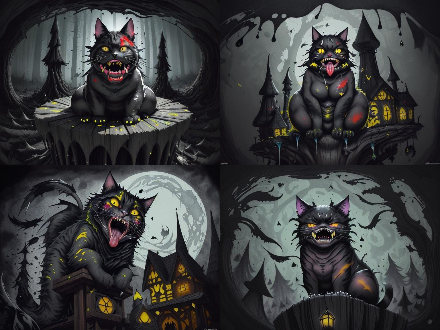 Grotesque Tomcat on a Pillar in Ink Splatter Art