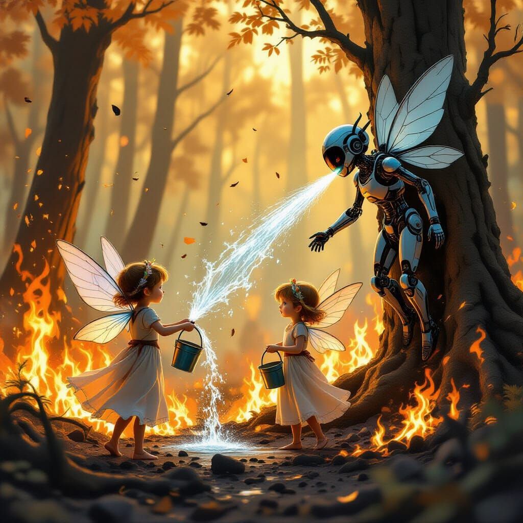 Fairies Fight Fire in Burning Forest, Fantasy Art