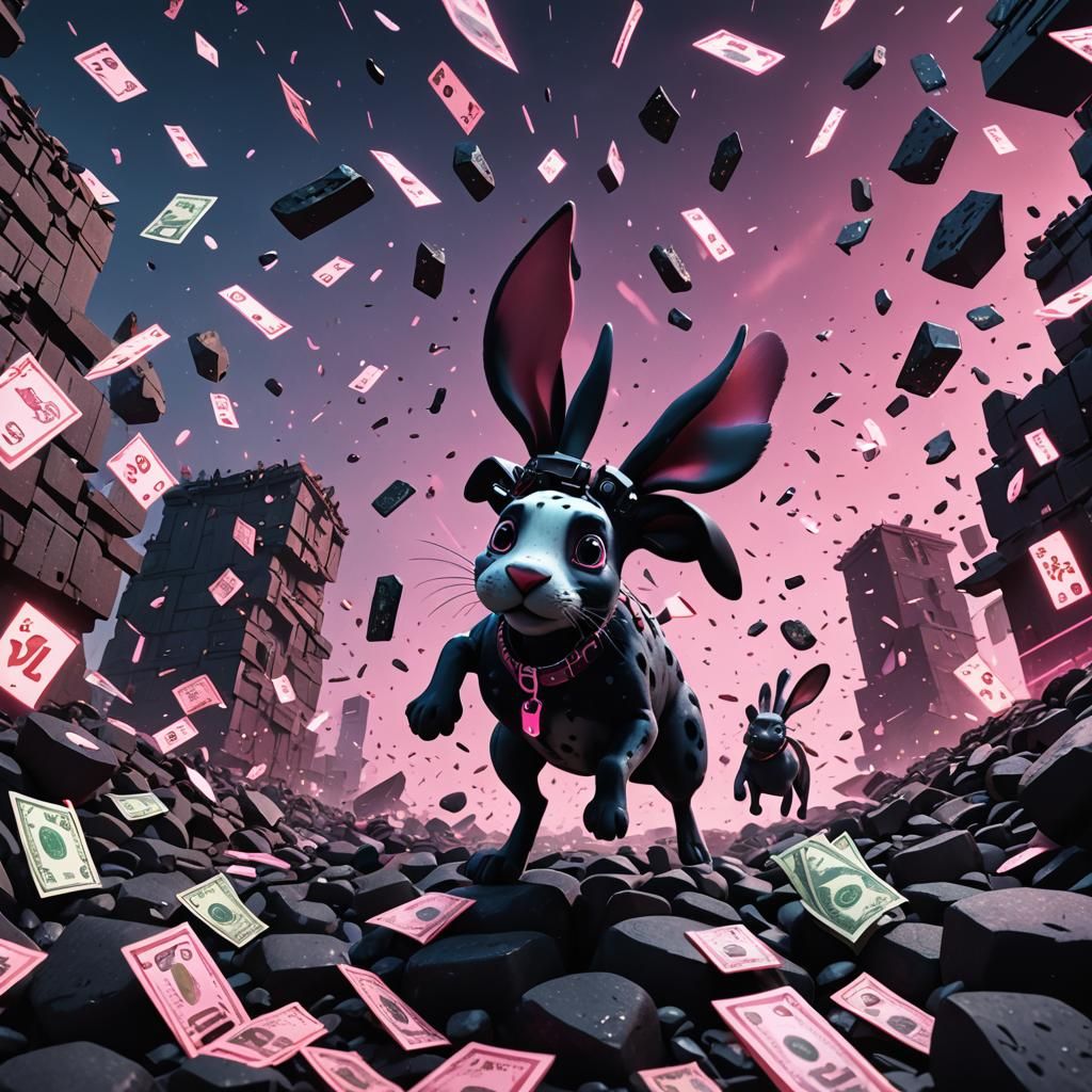 Black Rabbit and Dalmatian in Dystopian Pink Landscape