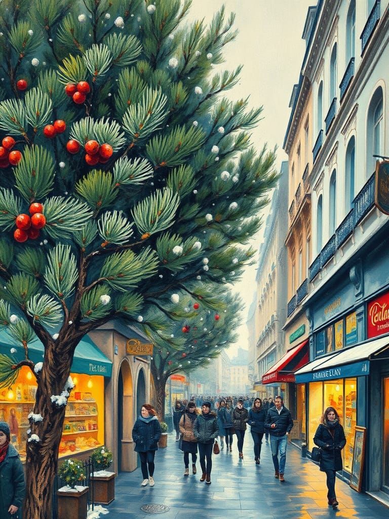 Parisian Winter Street in Impressionistic Watercolor Style