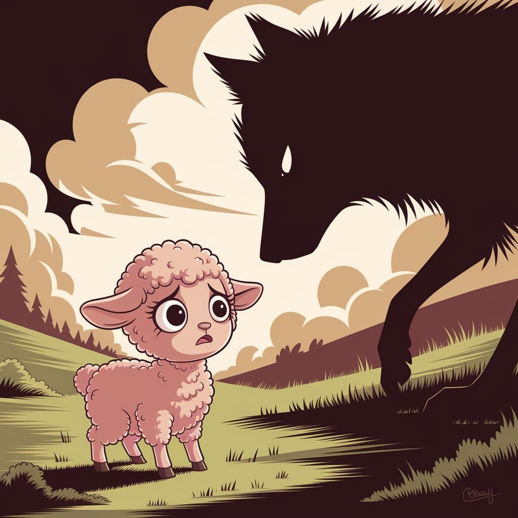 Terrified Lamb Confronts Ominous Wolf Silhouette