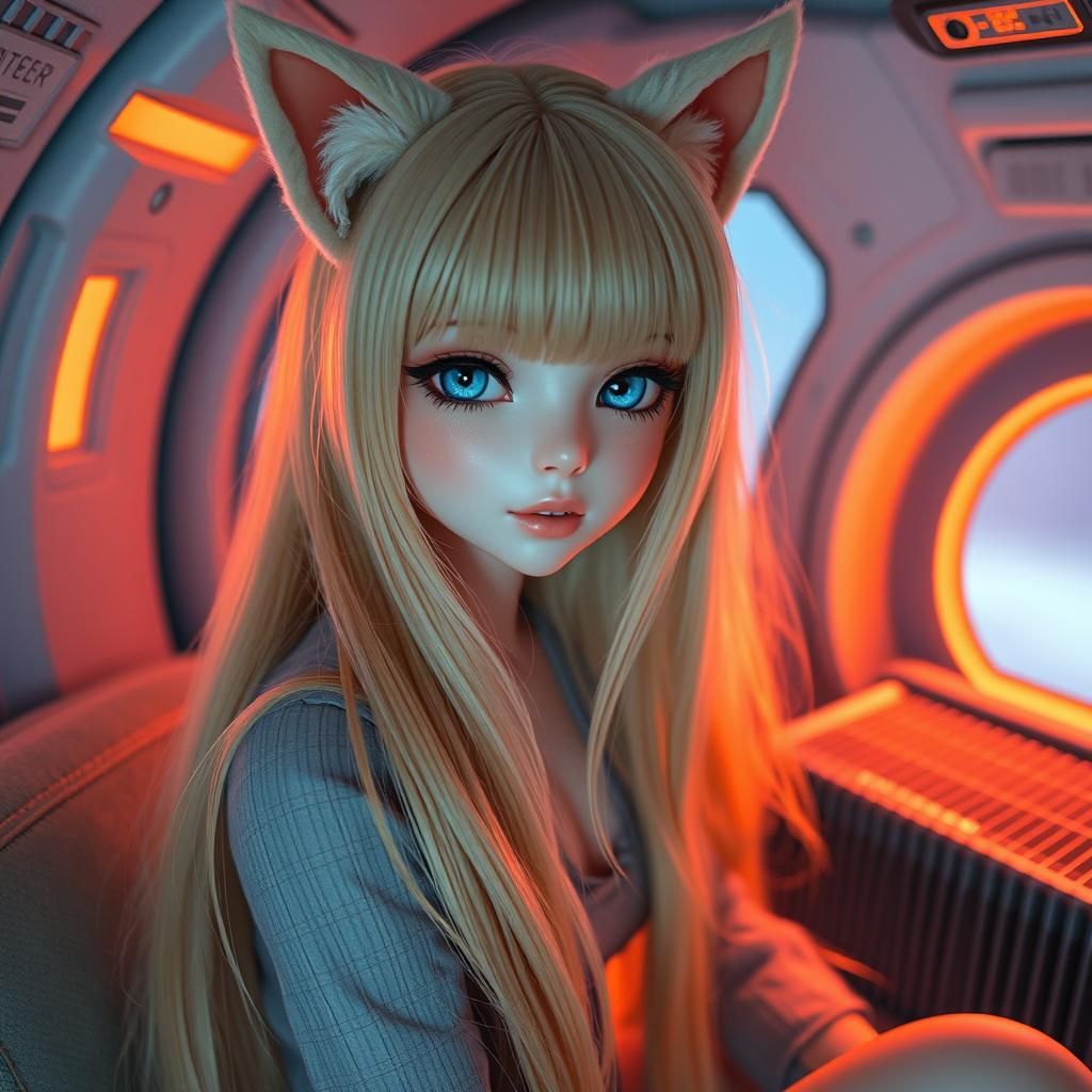 BJD Style Woman with Kitty Ears in Spaceship
