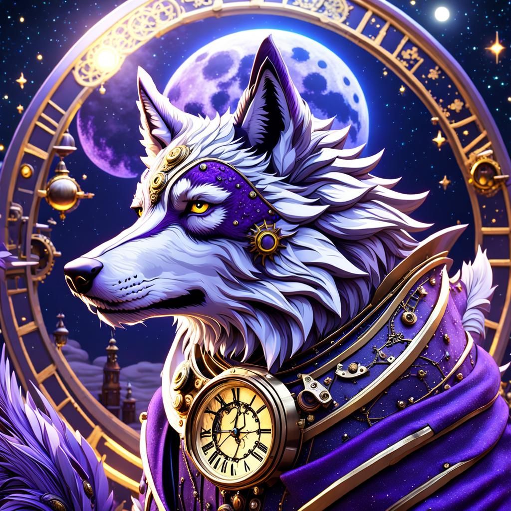Steampunk Wolf Under Starry Night Sky