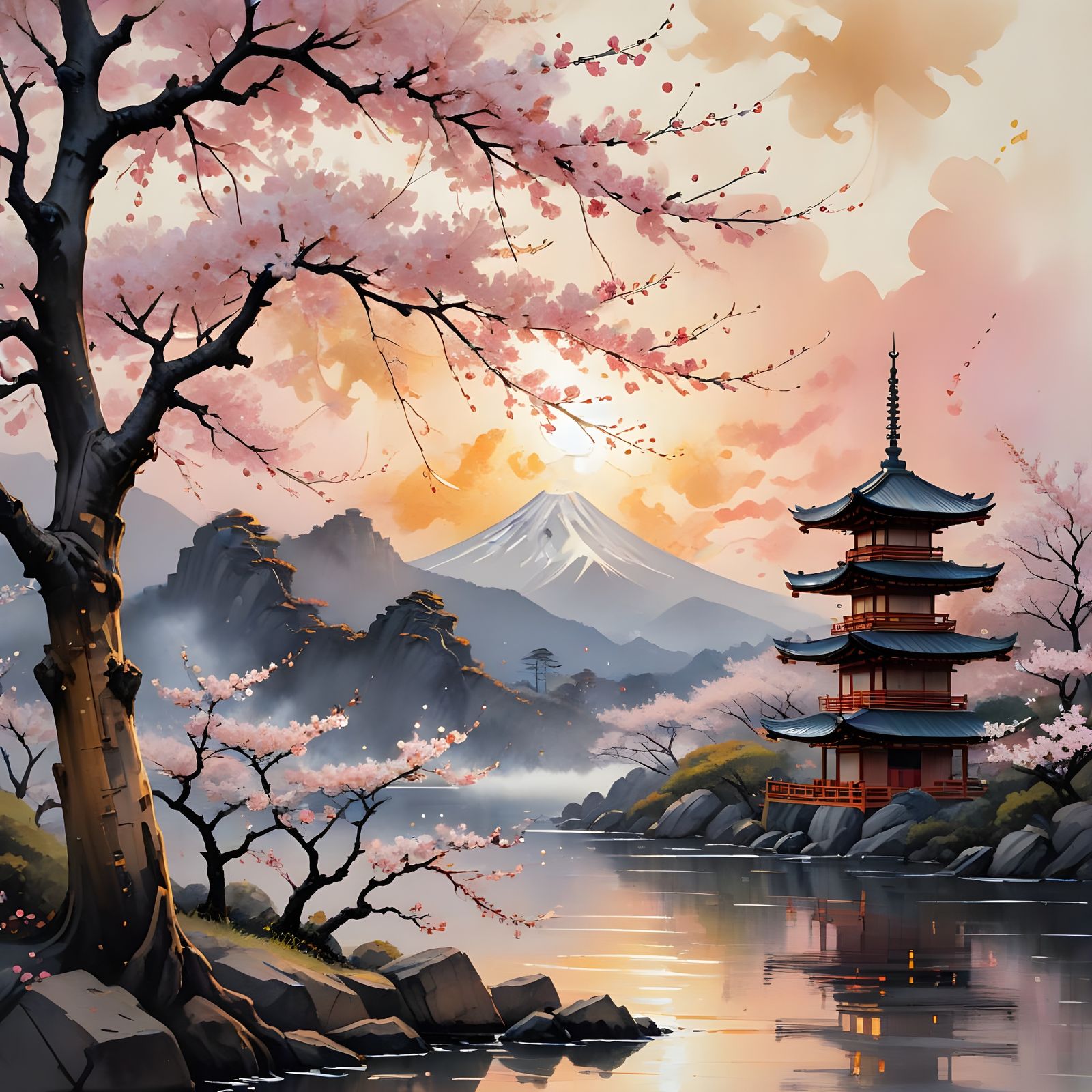 Vibrant Cherry Blossom Tree in Modern Abstract Watercolor St...