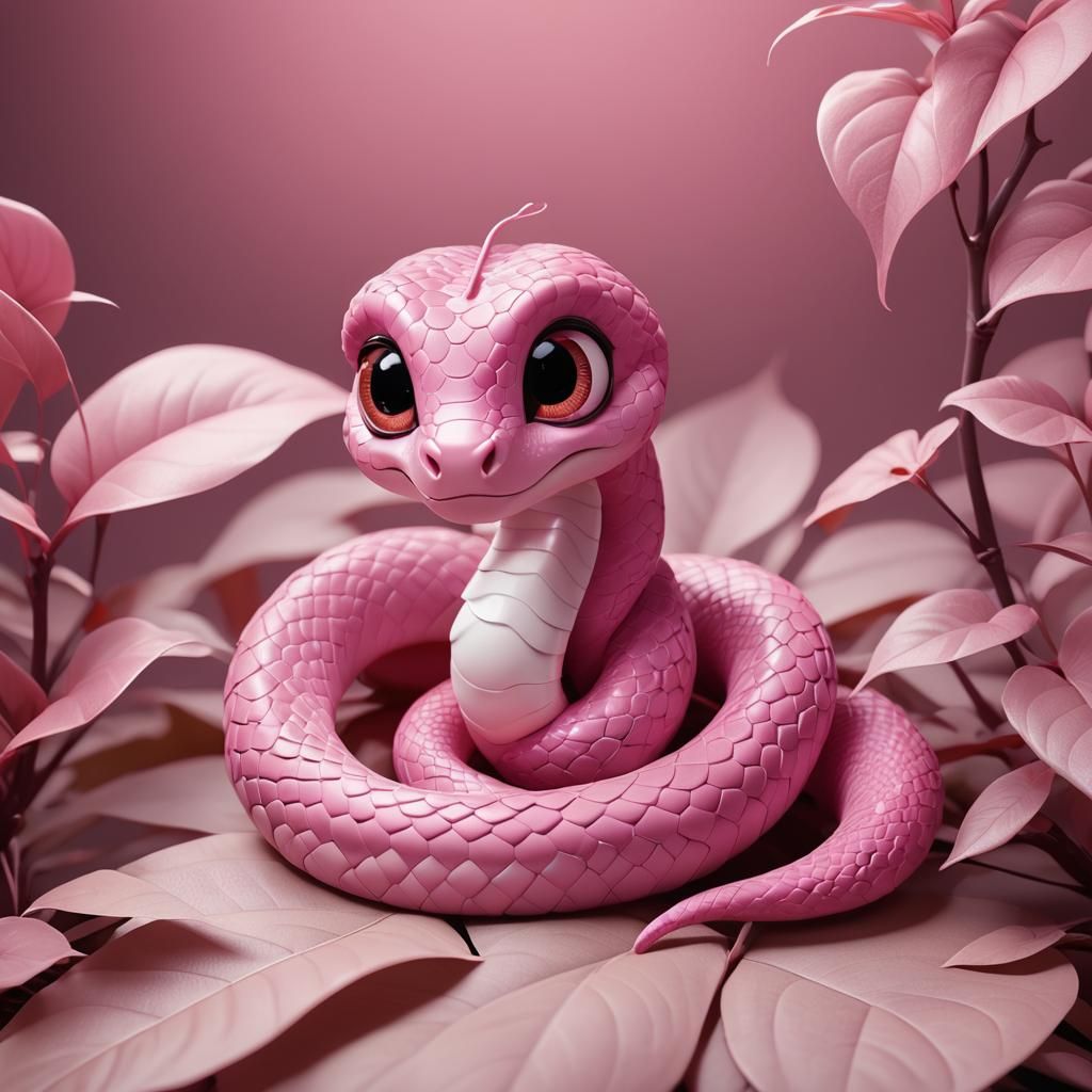Adorable Pink Snake on Leaf in 3D Digital Art