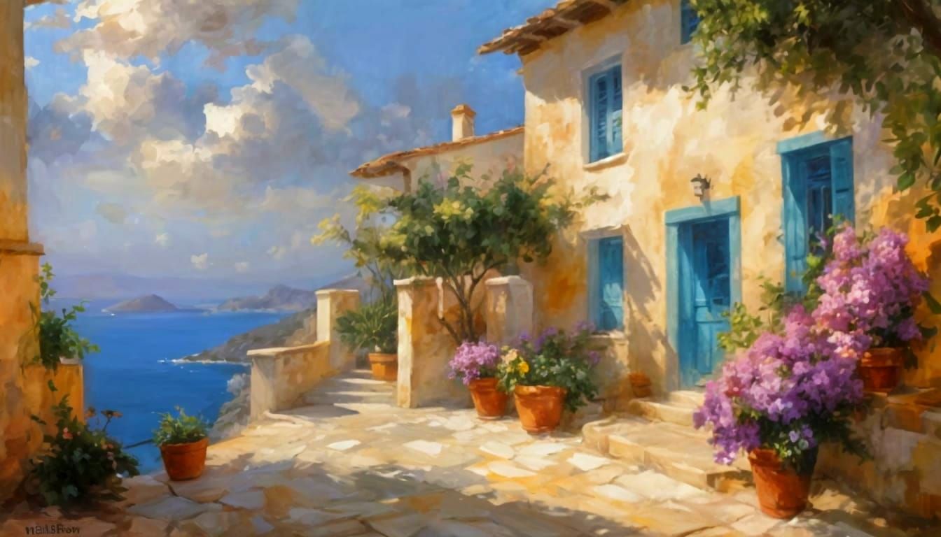 Greek Village House as Impasto Oil Painting