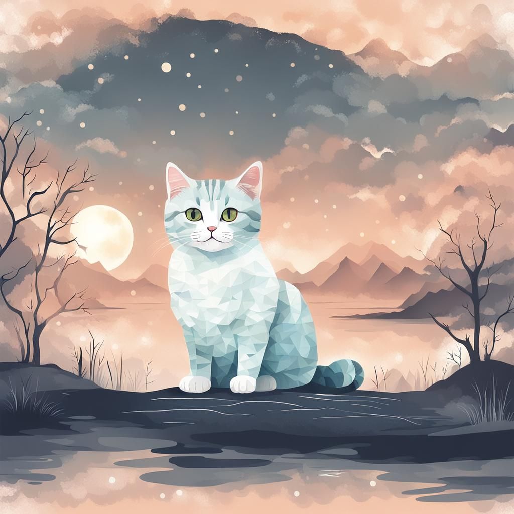 Cute Cat in Gauzy Atmospheric Landscape