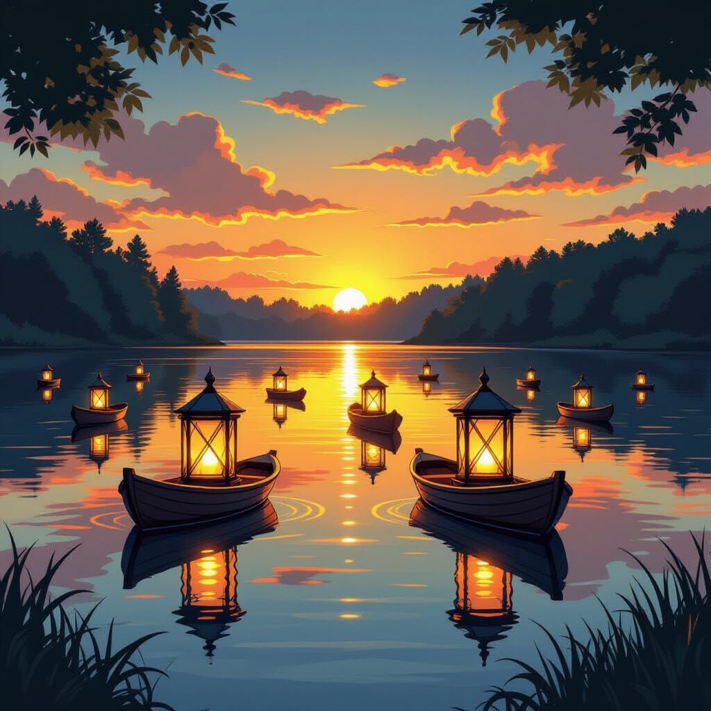 Lanterns on Lake at Dusk in Comic Book Style