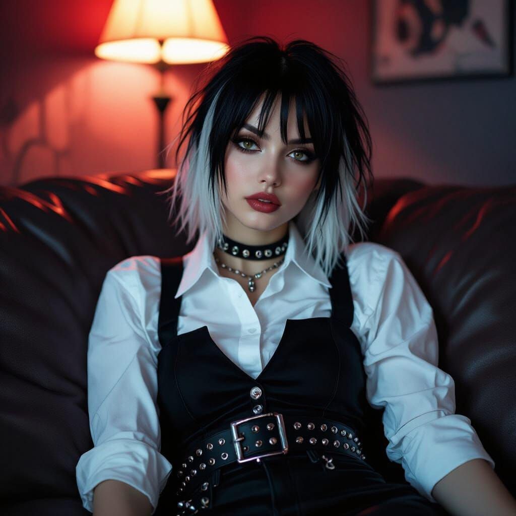 Emo Girl Reclines on Couch in Goth Room