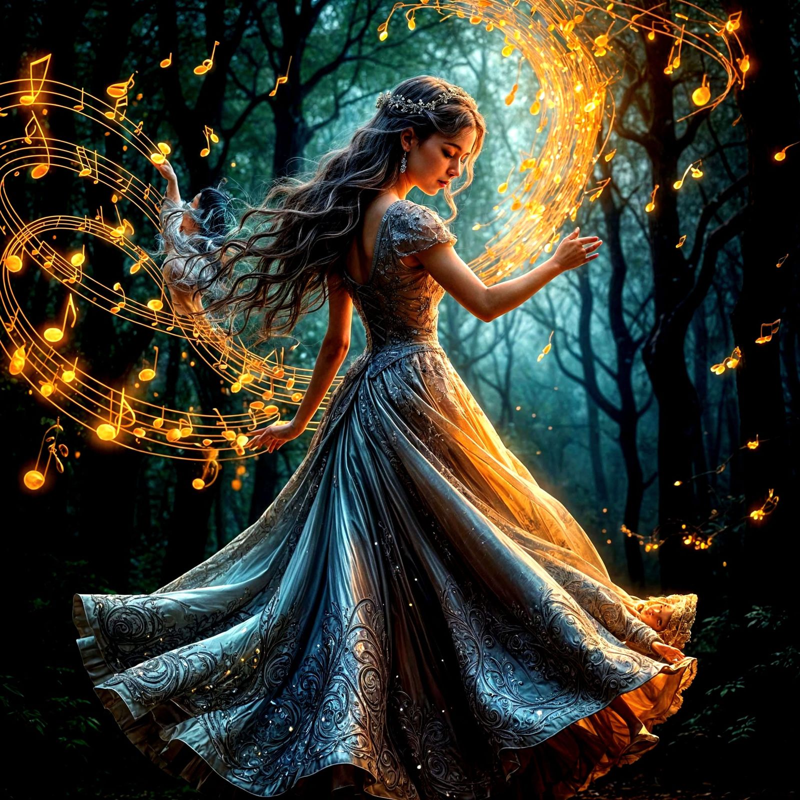 Girl Dancing with Musical Aura, Detailed Matte Painting