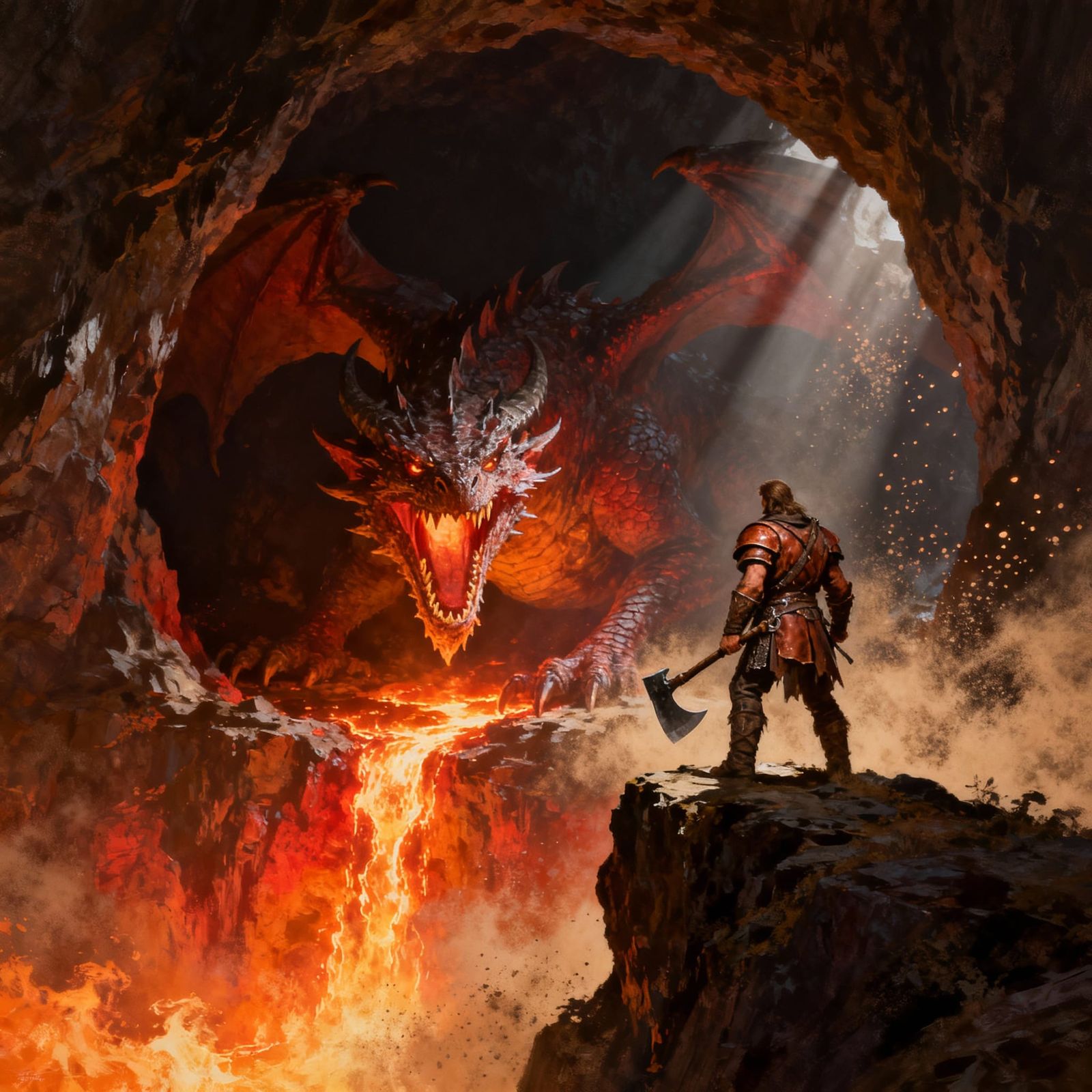 Epic Fantasy Hunter Faces Fiery Dragon in Cave