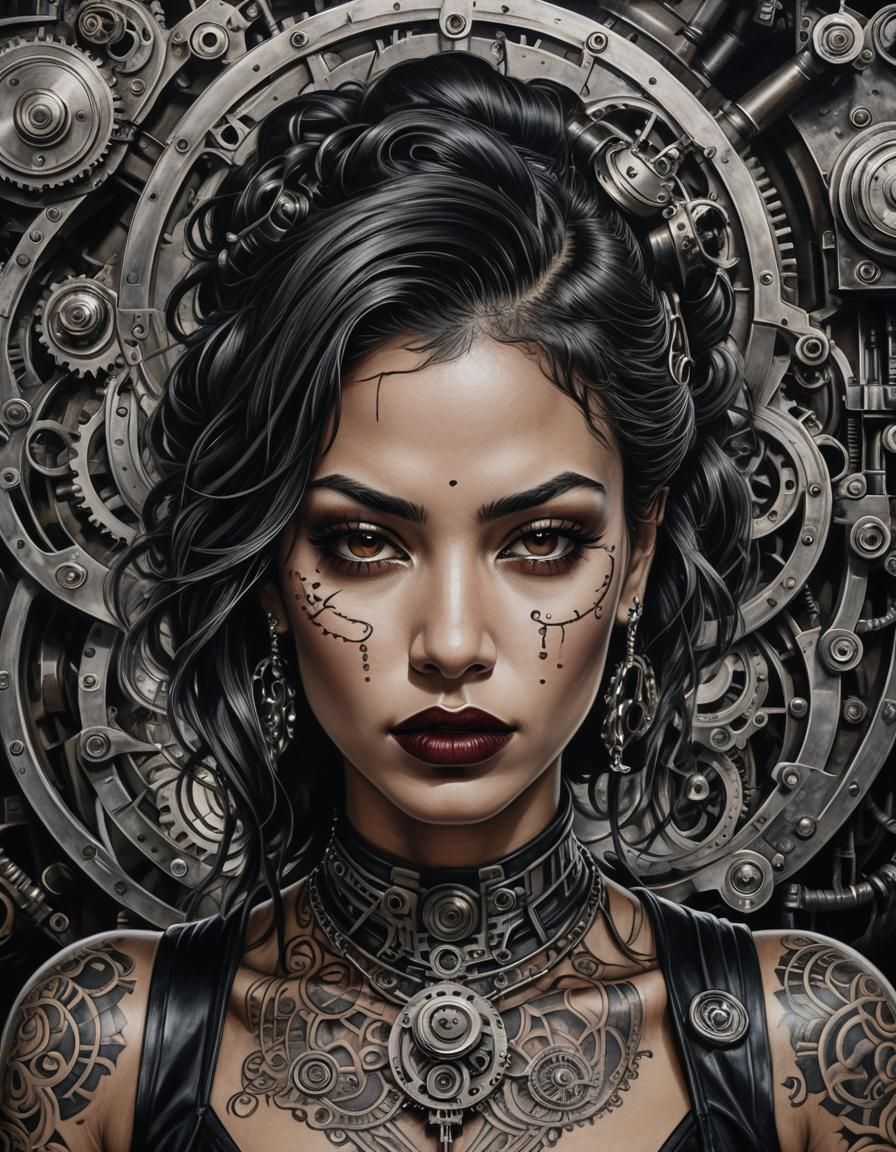 Noir Portrait of Enigmatic Hispanic Woman with Steampunk Eng...