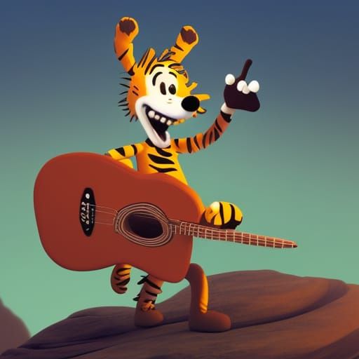 Hobbes Plays Guitar Atop Moose: Pixar-Style 3D Art