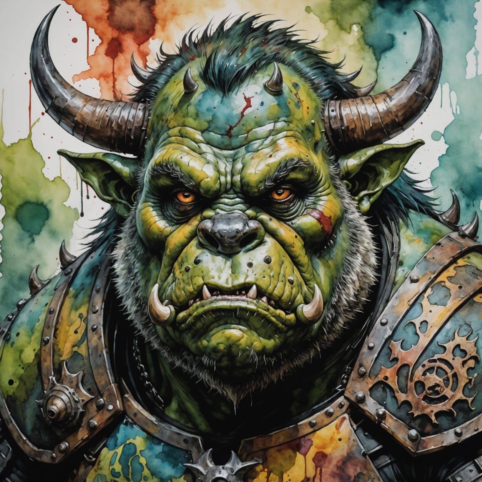 Corpulent Ork Portrait with Wild Boar Head in Watercolor Sty...