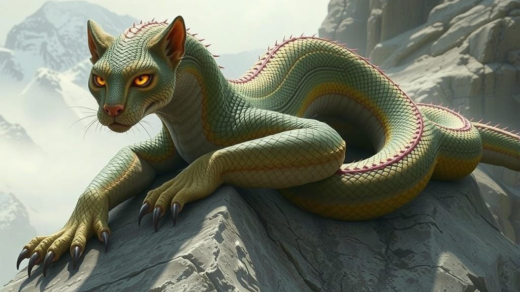 Majestic Tatzelwurm Coiled on Alpine Ledge in Cyberpunk Real...