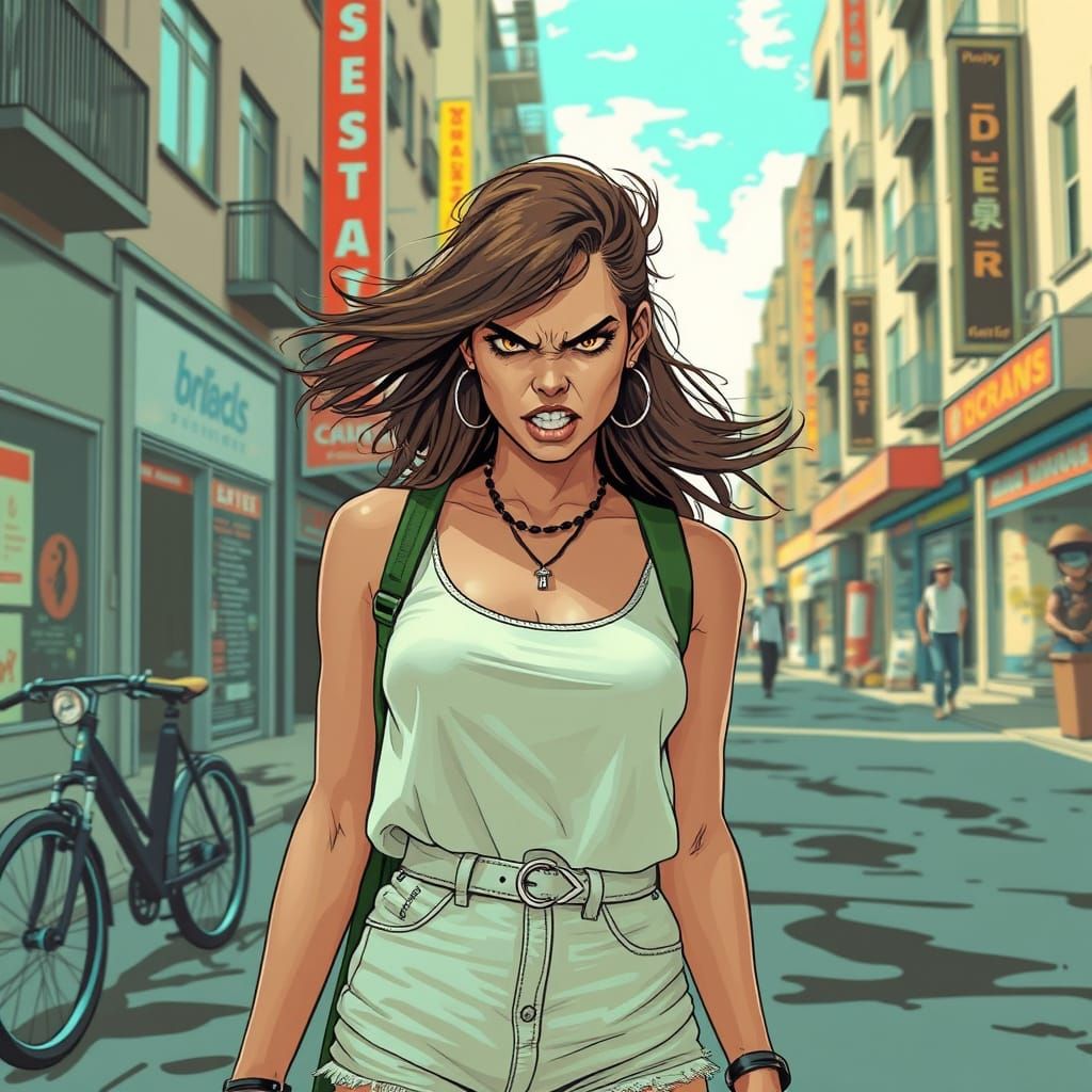 Angry Woman in Dystopian Cityscape, Retro-Futuristic Art