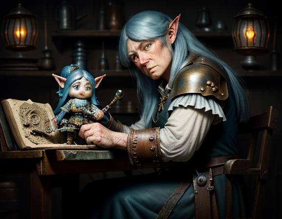 Gnome Repairs Automaton in Dark Fantasy Style