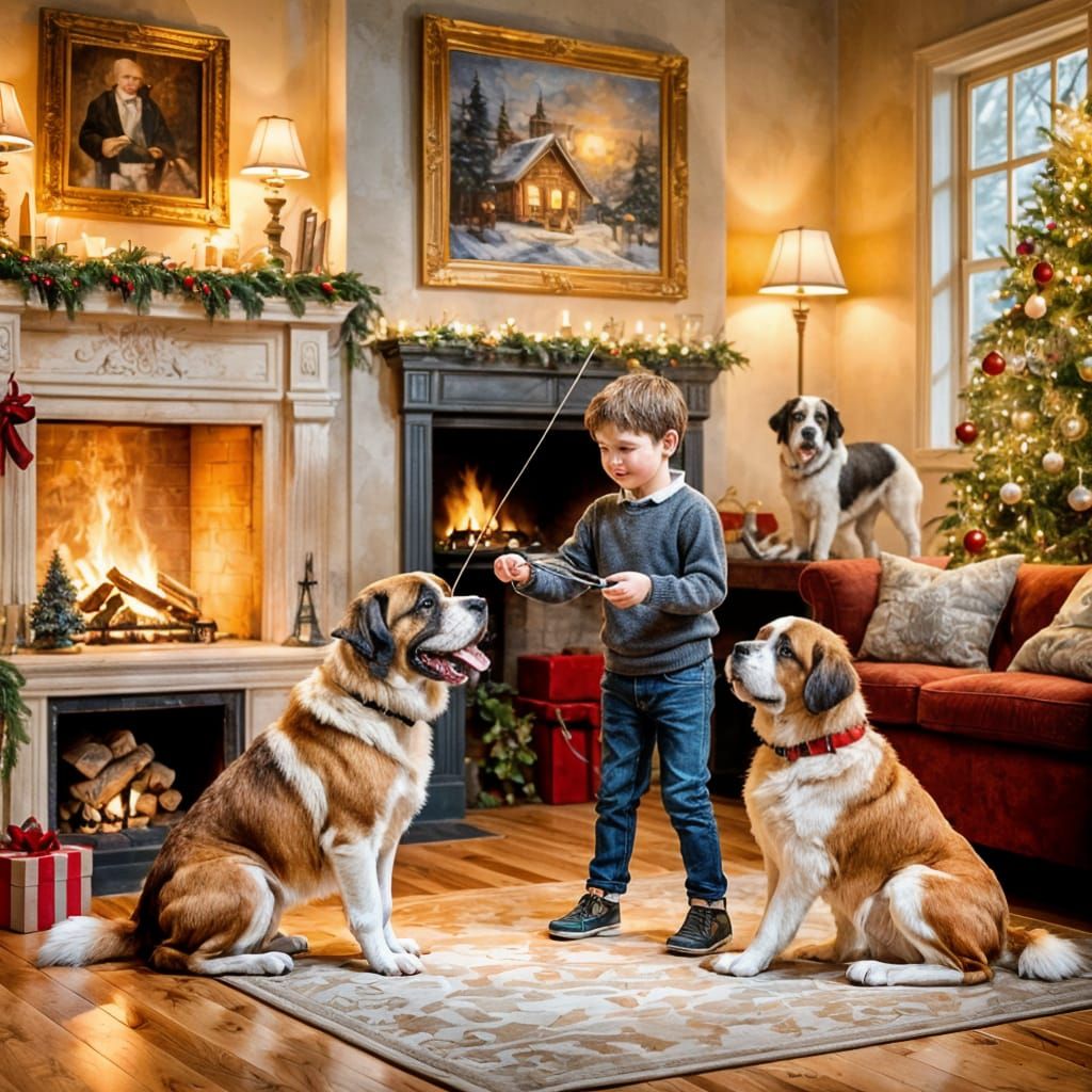 Boy and Saint Bernard Marionette at Christmas