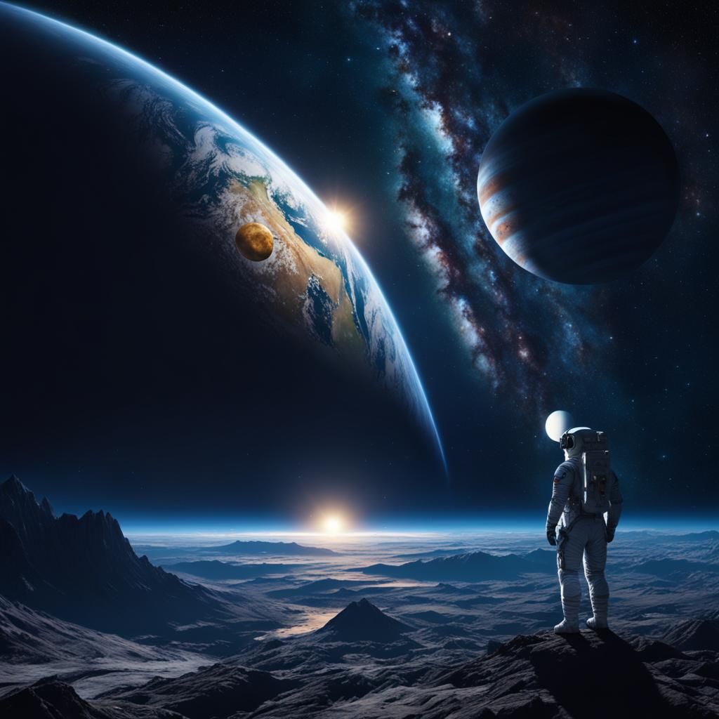 Astronaut's Celestial View: Earth, Moon, Jupiter, Saturn