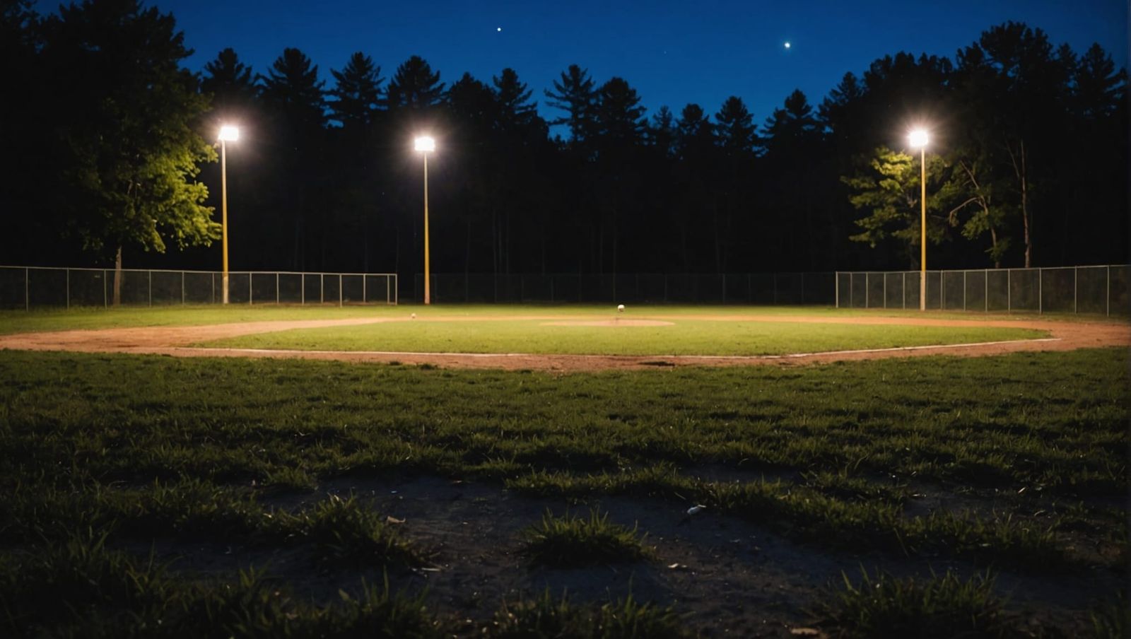 Abandoned Baseball Field with American Flag at Night