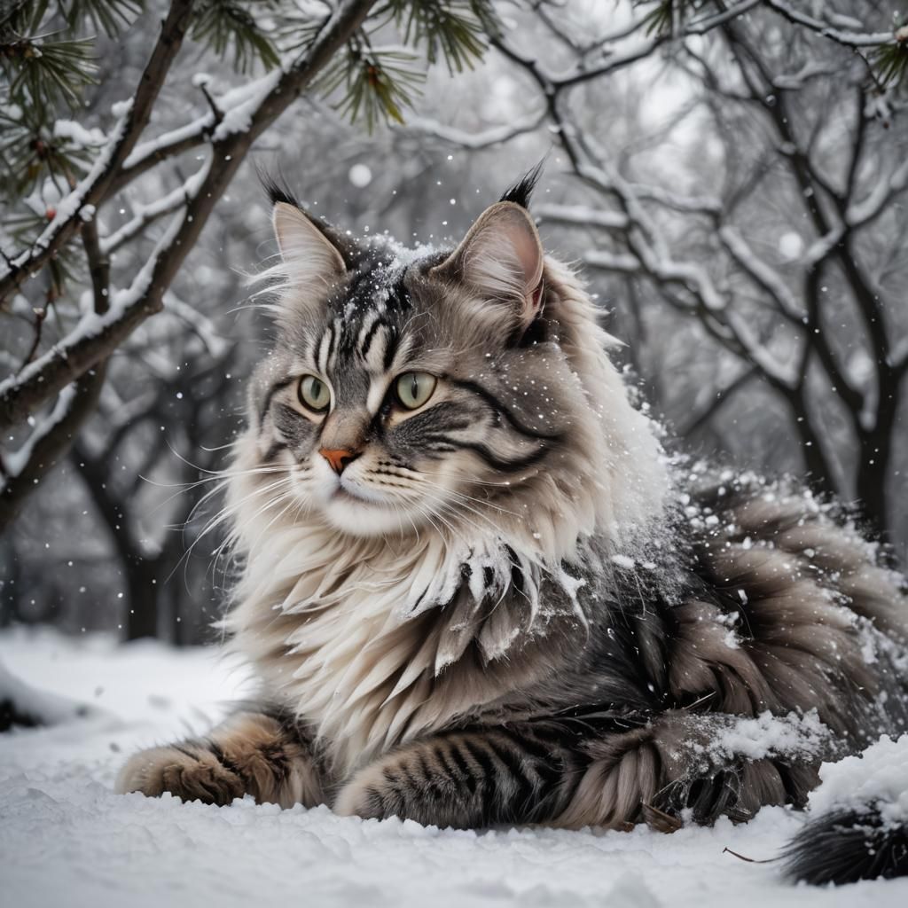 Silver Siberian Cat in Snowy Starry Night