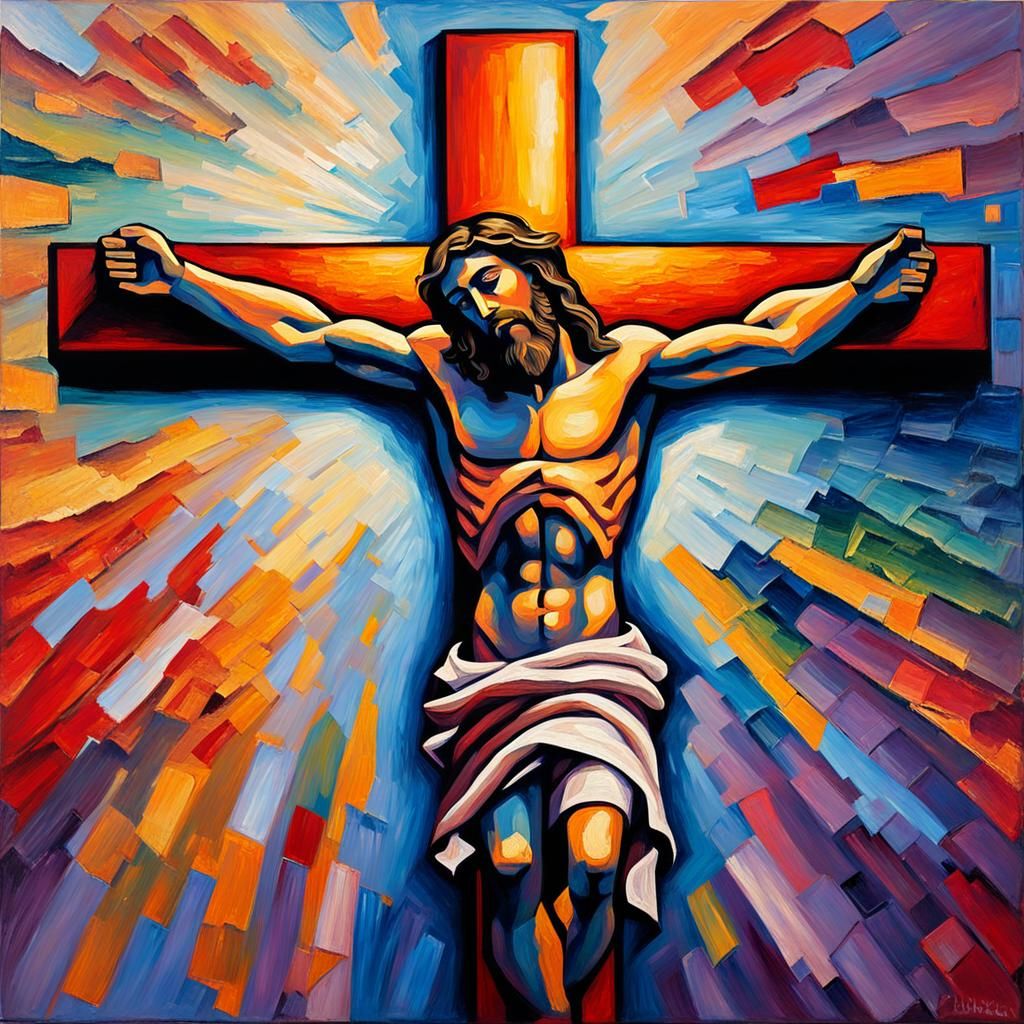 Jesus on Cross Under Eclipse: Neo-Impressionist Oil Painting