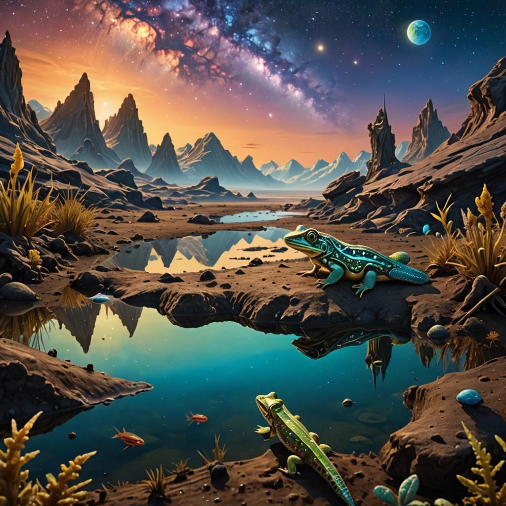 Surreal Mudskipper Gazes at Mirrored Alien Landscape