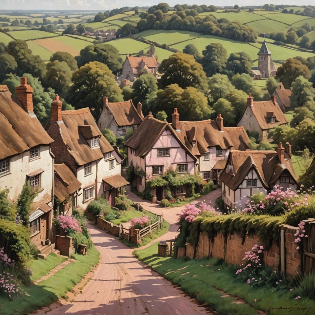 Charming Pink and Brown Village in Kent as Oil Painting