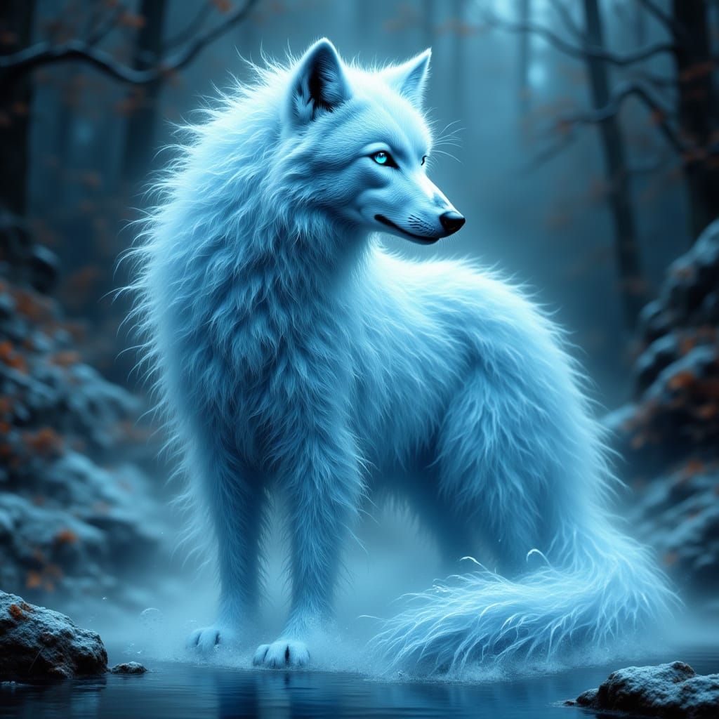 Majestic Ice Wolf with Glowing Blue Eyes and Rising Mist